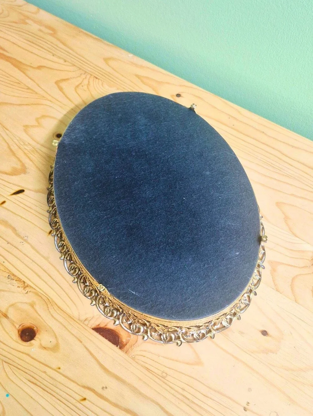 Vintage Oval Filigree Footed Vanity Mirror Tray